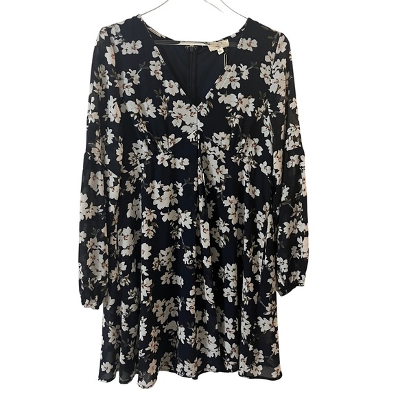 Entro Floral Print Mini Dress V Neck Long Sleeve Casual Party‎ Navy White L NWT - Picture 2 of 16